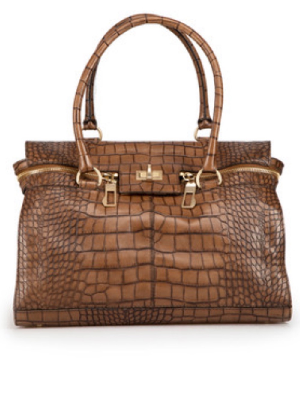 Brown Croc-Embossed Top-Handle Tote Bag